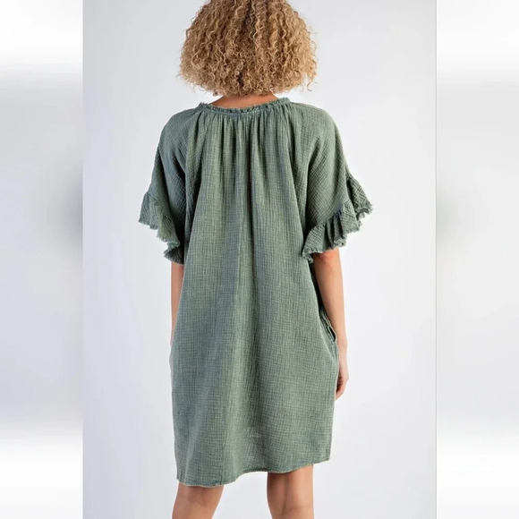 New! Easel Green Mineral Washed Cotton Gauze Dress - Picture 3 of 6